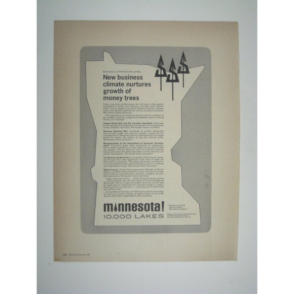 Minnesota 10000 Lakes Promotional Money in Trees Advertising Print Vintage 1967 - Picture 1 of 2